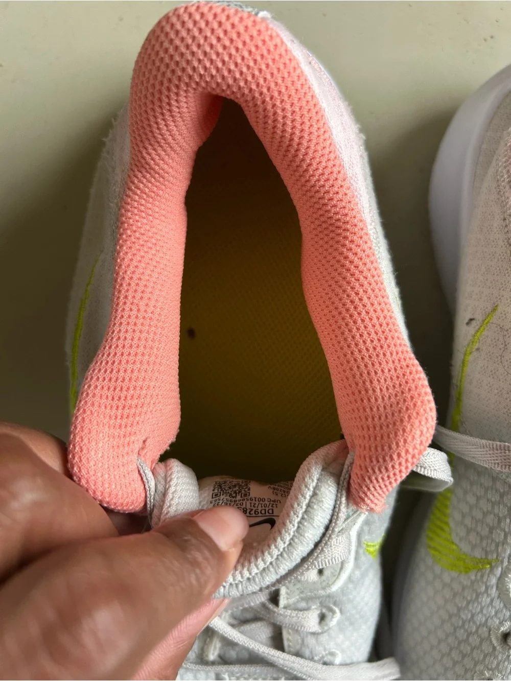 Nike Kids White Mesh Sneakers with Pink Collar and Neon Yellow Swoosh